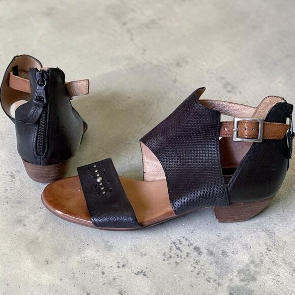 Miz Mooz Shoes - Women's Miz Mooz Leather Cutout Sandals Studded Zipper Black EU Size 38 US 7.5 8